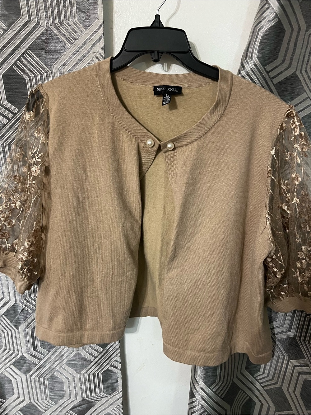 Nina Leonard Beige Cropped Cardigan with Embroidered Sheer Sleeves